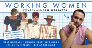 Sam Sferrazza poses with vintage fashion illustrations of women