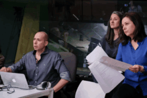 Chris Tolley, Hannah Moscovitch, and Laura Mullin rehearse for a previous season of PlayME.