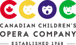 Bright, playful logo featuring four bold circular letters in red, yellow, blue, and green that spell “CCOC,” each circle containing a simple child’s face, with a red maple leaf inside the first letter, and the words “Canadian Children’s Opera Company” and “Established 1968” written below in clean, uppercase lettering.