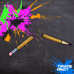 A broken pencil on a black chalkboard background with colourful paint splatters