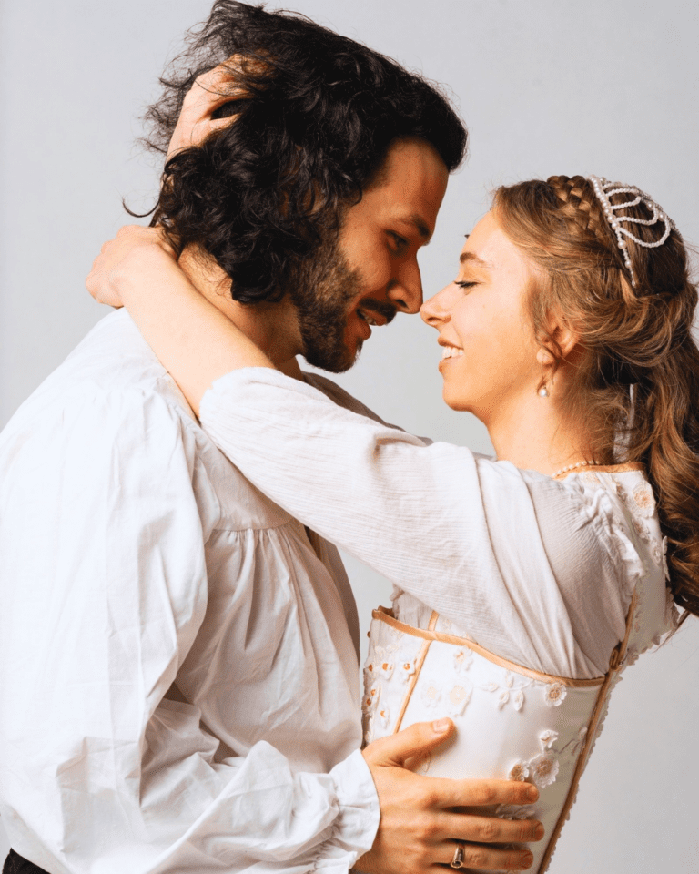 Jacob Leonard and Cassie Unger as William Shakespeare and Viola de Lesseps in Shakespeare in Love at Metro Theatre