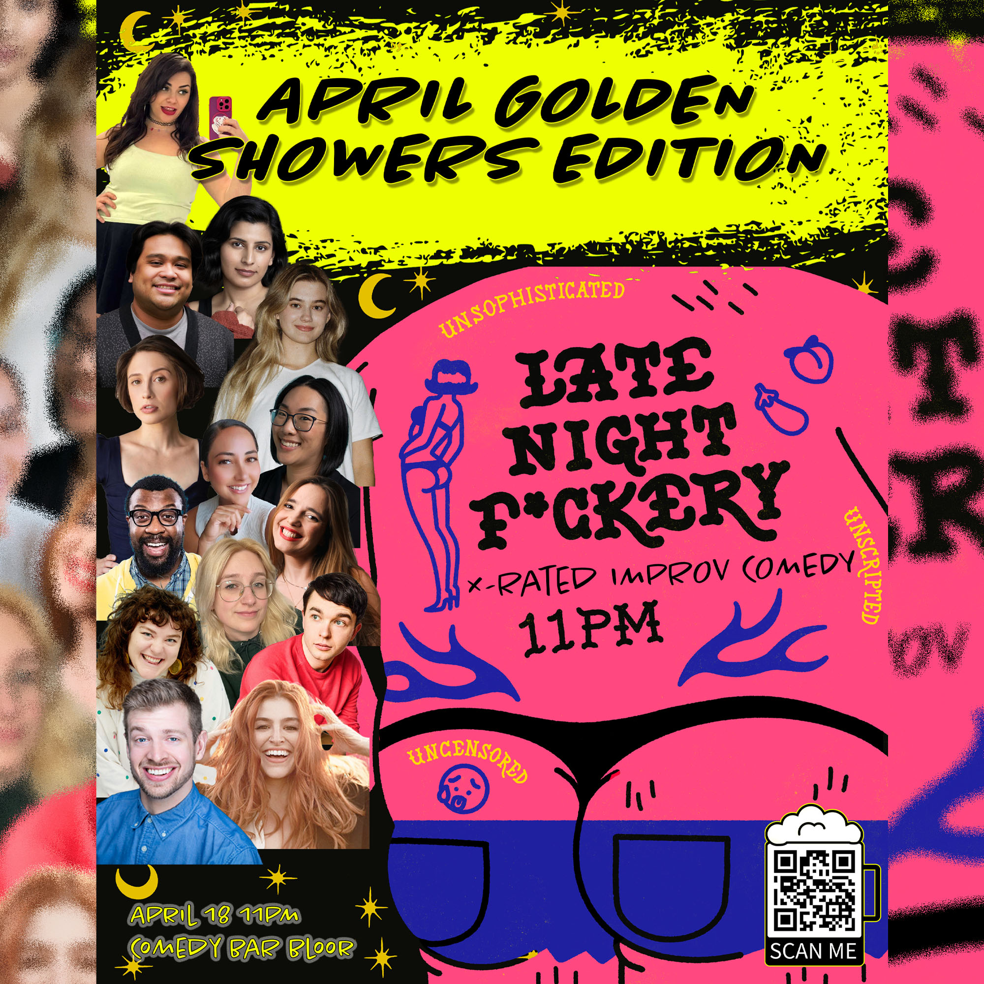 the cast of late night fckery and the backside of a pink cartoon person with multiple tattoos, text reads 