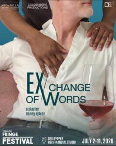 Image of a man's hands in the shirt of another man sitting holding a wine glass. The title, show dates and producing logos are shown.