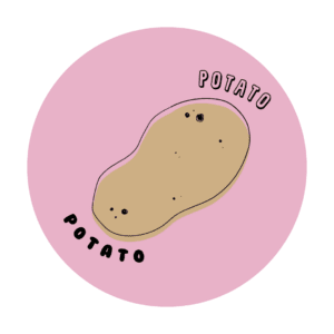 Drawing of a Potato on a pink background, featuring the company name 