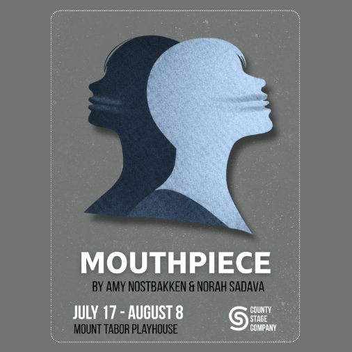 Mouthpiece Poster featuring two faces looking in opposite directions with a grey background.