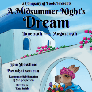 A coastal Greek village with blue domes, flowering vines, and a donkey wearing a flower crown, riding a blue bicycle with a basket of colourful flowers. Above the donkey’s head is the title ‘A Midsummer Night’s Dream.