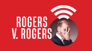 A graphic design featuring bold white text "ROGERS V. ROGERS" on a red background alongside a photo of a man in a suit covering part of his face with his hand. Above the man's head are three white curved lines resembling a Wi-Fi signal, suggesting a theme related to communication or conflict.