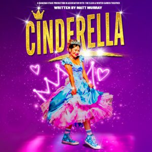 A promotional poster for "Cinderella" featuring a smiling woman in a blue ballgown, tiara, and sneakers on purple.