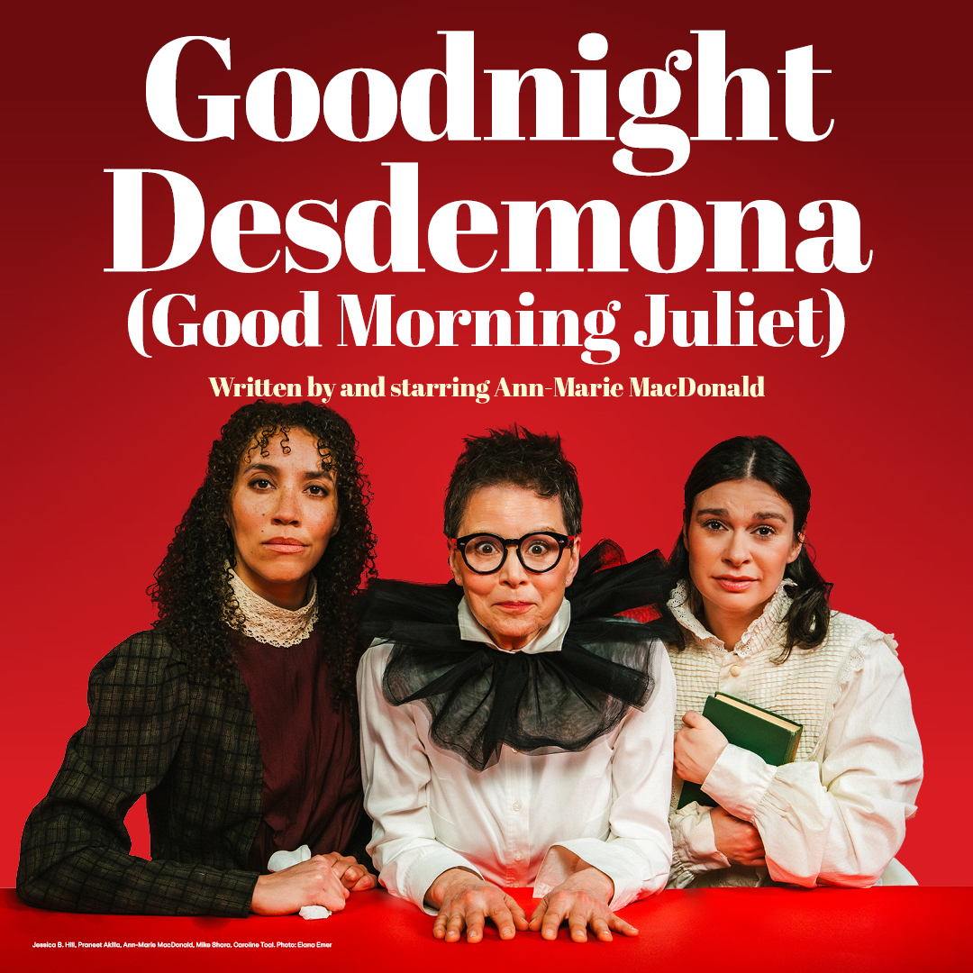 Promotional poster for Goodnight Desdemona (Good Morning Juliet), featuring three women in period-inspired costumes against a bold red backdrop.