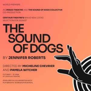 The ASL sign for "THE SOUND OF DOGS" against a pink and orange background