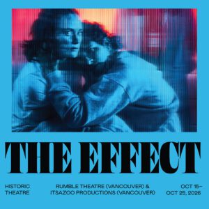 Bright blue background. Pixelated image of two people mid-embrace. Black text under image with show details.