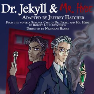 Dr. Jekyll and Mr. Hyde against a red door